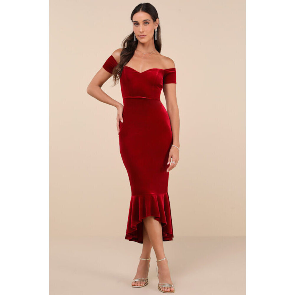 Lulus How Much I Care Wine Red Velvet Off-the-shoulder Midi Dress - Size XS